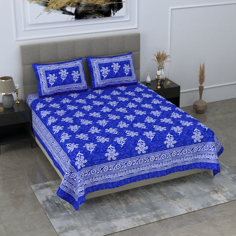 SheetKart Floral Cotton Blue Color Jaipuri Double Bedsheet with 2 Pillow Covers, Blue - SheetKart