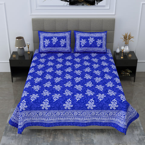 SheetKart Floral Cotton Blue Color Jaipuri Double Bedsheet with 2 Pillow Covers, Blue - SheetKart