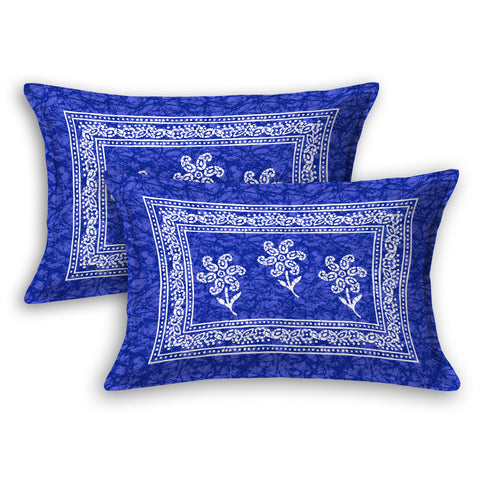 SheetKart Floral Cotton Blue Color Jaipuri Double Bedsheet with 2 Pillow Covers, Blue - SheetKart