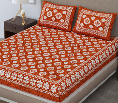 SheetKart 144 TC Cotton Double Bedsheet - Daisy Floral Batik King Size Bed Sheet with 2 Pillow Covers, Sesame Red