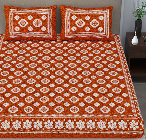 SheetKart 144 TC Cotton Double Bedsheet - Daisy Floral Batik King Size Bed Sheet with 2 Pillow Covers, Sesame Red