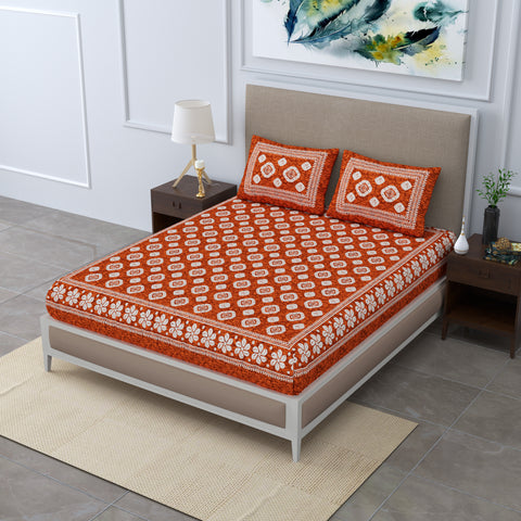 SheetKart 144 TC Cotton Double Bedsheet - Daisy Floral Batik King Size Bed Sheet with 2 Pillow Covers, Sesame Red