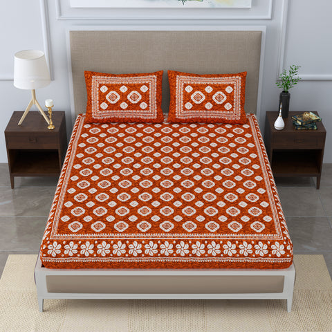 SheetKart 144 TC Cotton Double Bedsheet - Daisy Floral Batik King Size Bed Sheet with 2 Pillow Covers, Sesame Red