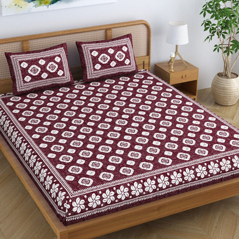 SheetKart Cotton Blossomy Floral Motif Printed Jaipuri Bedsheet for Double Bed King Size with 2 Pillow Covers - Choco Brown SheetKart