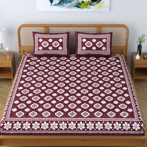 SheetKart Cotton Blossomy Floral Motif Printed Jaipuri Bedsheet for Double Bed King Size with 2 Pillow Covers - Choco Brown SheetKart