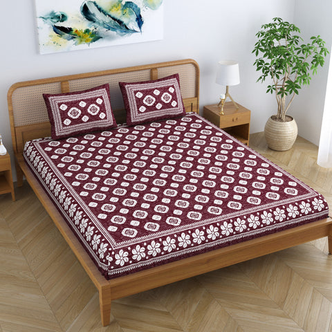 SheetKart Cotton Blossomy Floral Motif Printed Jaipuri Bedsheet for Double Bed King Size with 2 Pillow Covers - Choco Brown SheetKart