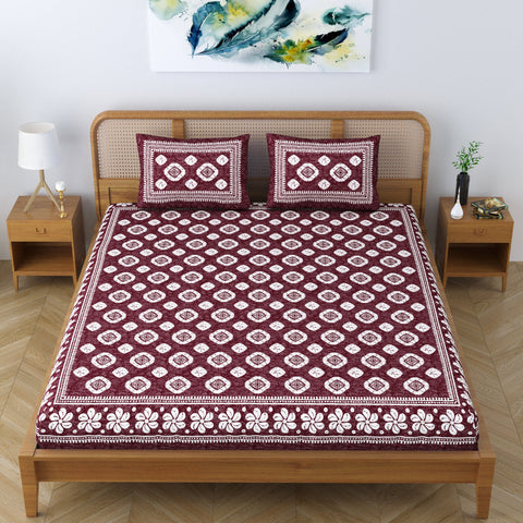 SheetKart Cotton Blossomy Floral Motif Printed Jaipuri Bedsheet for Double Bed King Size with 2 Pillow Covers - Choco Brown SheetKart