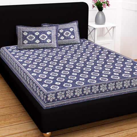 SheetKart 144 TC Cotton Floral Jaipuri Printed Double Bedsheet with 2 Pillow Covers, Dark Blue