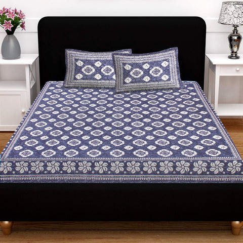 SheetKart 144 TC Cotton Floral Jaipuri Printed Double Bedsheet with 2 Pillow Covers, Dark Blue - SheetKart