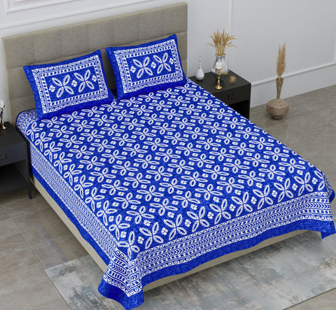 SheetKart Aspira 144 TC 100% Cotton Double Bedsheet Jaipuri Printed with 2 Pillow Covers, Blue