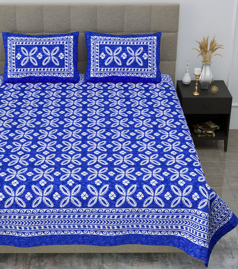 SheetKart Aspira 144 TC 100% Cotton Double Bedsheet Jaipuri Printed with 2 Pillow Covers, Blue