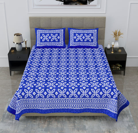 SheetKart Aspira 144 TC 100% Cotton Double Bedsheet Jaipuri Printed with 2 Pillow Covers, Blue