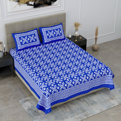 SheetKart Aspira 144 TC 100% Cotton Double Bedsheet Jaipuri Printed with 2 Pillow Covers, Blue