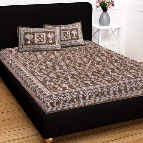 SheetKart 144 TC Cotton Floral Jaipuri Printed Double Bedsheet with 2 Pillow Covers, Coffee Brown