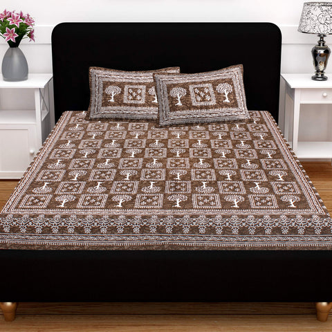 SheetKart 144 TC Cotton Floral Jaipuri Printed Double Bedsheet with 2 Pillow Covers, Coffee Brown - SheetKart
