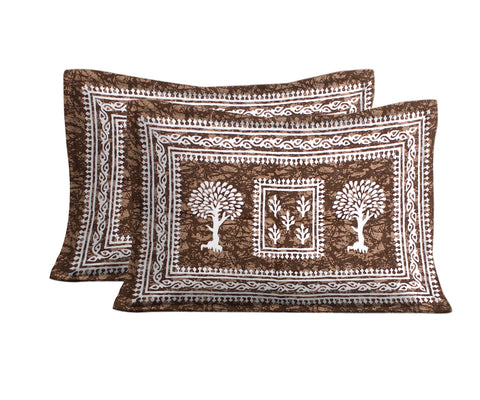 SheetKart 144 TC Cotton Floral Jaipuri Printed Double Bedsheet with 2 Pillow Covers, Coffee Brown - SheetKart