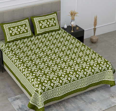 SheetKart Aspira 144 TC 100% Cotton Double Bedsheet Jaipuri Printed with 2 Pillow Covers, Green