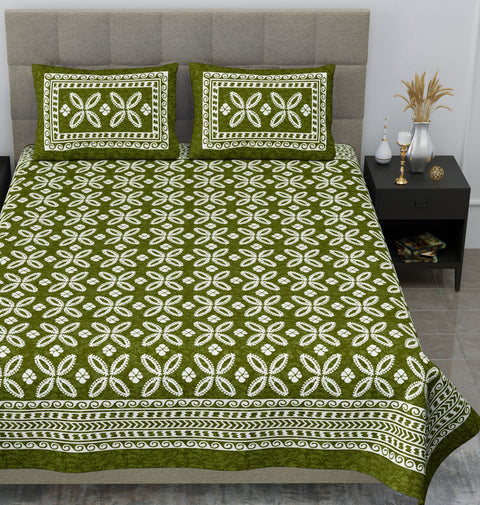SheetKart Aspira 144 TC 100% Cotton Double Bedsheet Jaipuri Printed with 2 Pillow Covers, Green