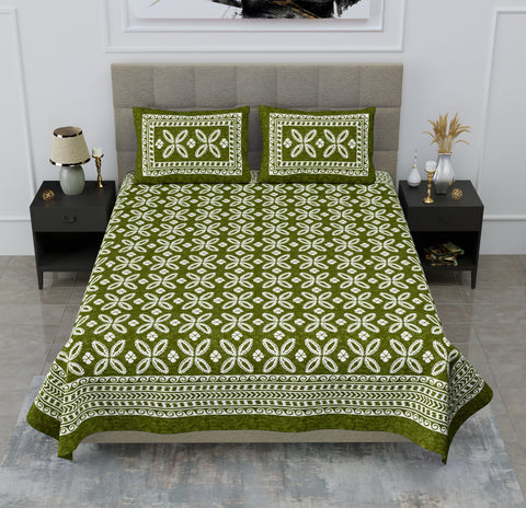 SheetKart Aspira 144 TC 100% Cotton Double Bedsheet Jaipuri Printed with 2 Pillow Covers, Green