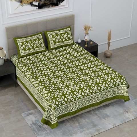SheetKart Aspira 144 TC 100% Cotton Double Bedsheet Jaipuri Printed with 2 Pillow Covers, Green