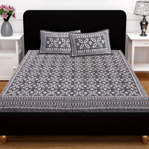 SheetKart 144 TC Cotton Floral Jaipuri Printed Double Bedsheet with 2 Pillow Covers, Grey - SheetKart