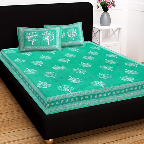 SheetKart 144 TC Cotton Floral Jaipuri Printed Double Bedsheet with 2 Pillow Covers, Green