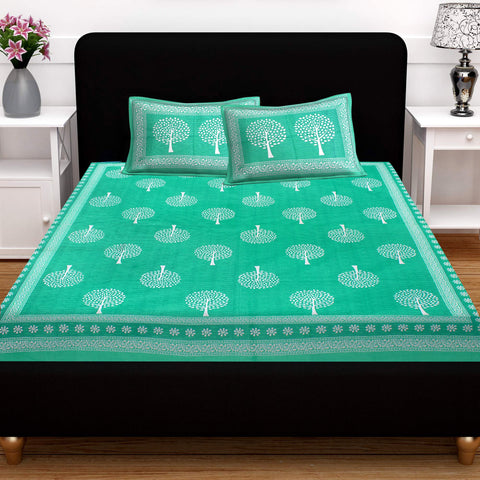 SheetKart 144 TC Cotton Floral Jaipuri Printed Double Bedsheet with 2 Pillow Covers, Green - SheetKart