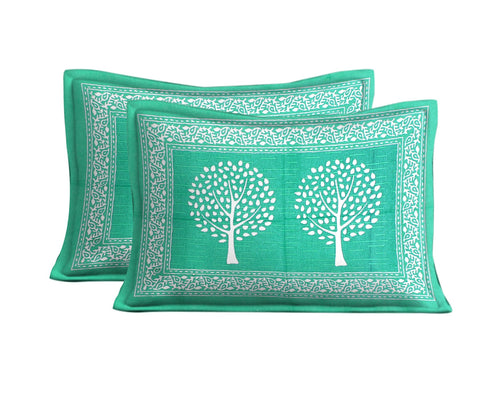 SheetKart 144 TC Cotton Floral Jaipuri Printed Double Bedsheet with 2 Pillow Covers, Green - SheetKart