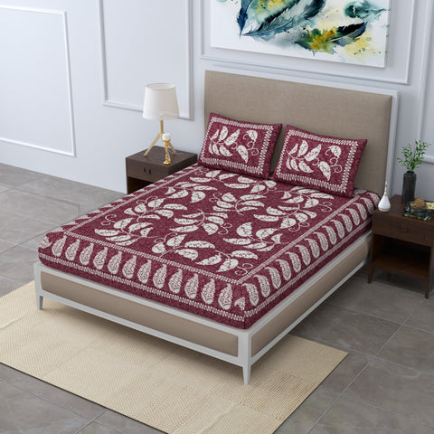 SheetKart Jaipuri Traditonal Sanganeri Print 144 TC Cotton Double Bedsheet with 2 Pillow Covers, Chocolate