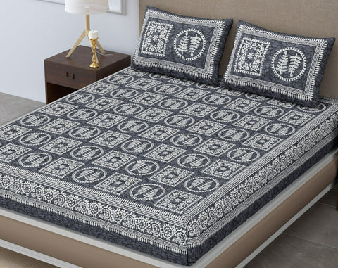 SheetKart 144 TC Jaipuri Floral Printed Cotton Double Bedsheet with 2 Pillow Covers, Cane Grey