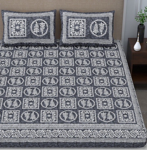 SheetKart 144 TC Jaipuri Floral Printed Cotton Double Bedsheet with 2 Pillow Covers, Cane Grey