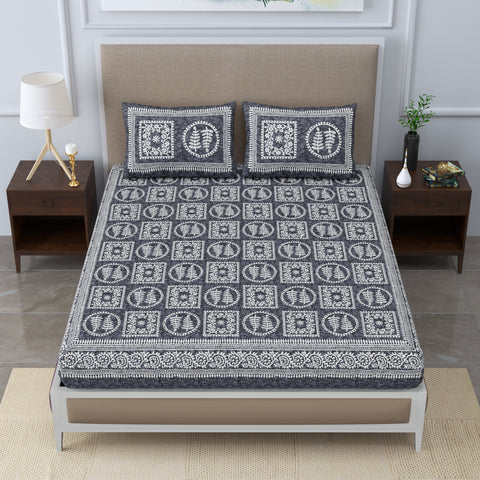 SheetKart 144 TC Jaipuri Floral Printed Cotton Double Bedsheet with 2 Pillow Covers, Cane Grey