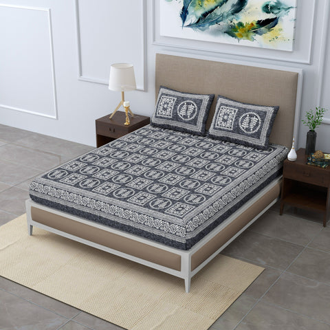 SheetKart 144 TC Jaipuri Floral Printed Cotton Double Bedsheet with 2 Pillow Covers, Cane Grey