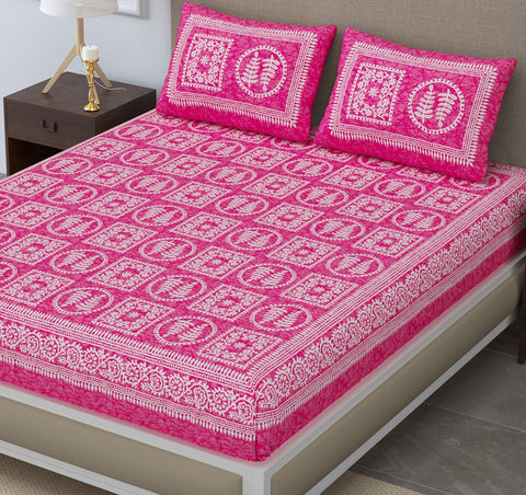 SheetKart - Glitz 144 TC 100% Cotton Double Bedsheet with 2 Pillow Covers, Flamingo Pink