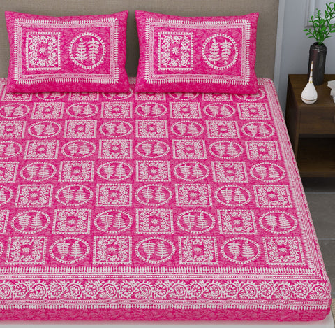 SheetKart - Glitz 144 TC 100% Cotton Double Bedsheet with 2 Pillow Covers, Flamingo Pink