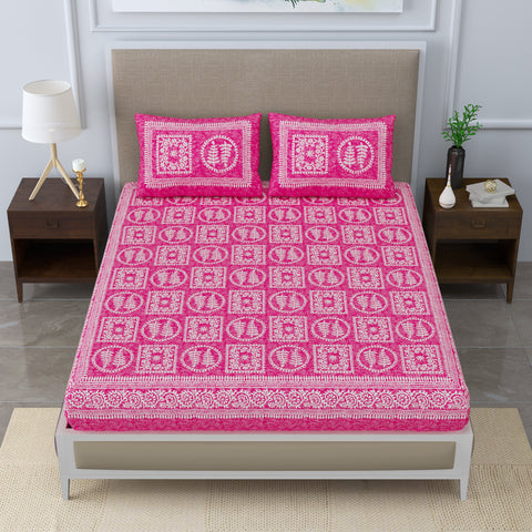SheetKart - Glitz 144 TC 100% Cotton Double Bedsheet with 2 Pillow Covers, Flamingo Pink