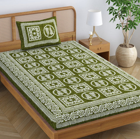 SheetKart Blossoms 100% Pure Cotton Jaipuri Printed Bedsheet for Single Bed with 1 Pillow Cover, Traditional Ethnic Bed Cover - Aero Green