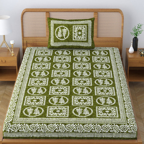 SheetKart Blossoms 100% Pure Cotton Jaipuri Printed Bedsheet for Single Bed with 1 Pillow Cover, Traditional Ethnic Bed Cover - Aero Green