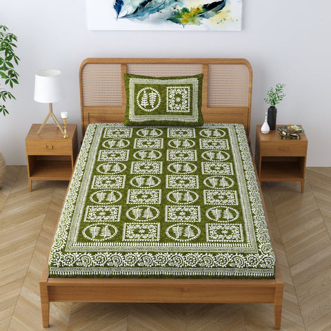 SheetKart Blossoms 100% Pure Cotton Jaipuri Printed Bedsheet for Single Bed with 1 Pillow Cover, Traditional Ethnic Bed Cover - Aero Green