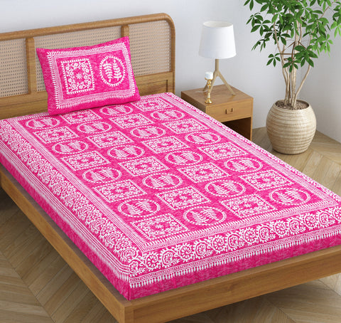 SheetKart Blossoms 100% Pure Cotton Jaipuri Printed Bedsheet for Single Bed with 1 Pillow Cover, Traditional Ethnic Bed Cover - Shell Pink