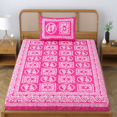 SheetKart Blossoms 100% Pure Cotton Jaipuri Printed Bedsheet for Single Bed with 1 Pillow Cover, Traditional Ethnic Bed Cover - Shell Pink
