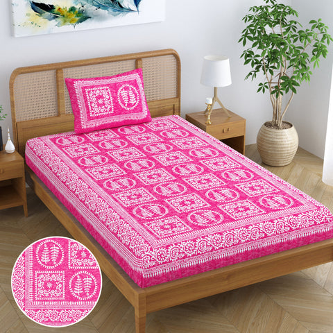 SheetKart Blossoms 100% Pure Cotton Jaipuri Printed Bedsheet for Single Bed with 1 Pillow Cover, Traditional Ethnic Bed Cover - Shell Pink