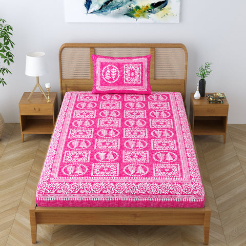 SheetKart Blossoms 100% Pure Cotton Jaipuri Printed Bedsheet for Single Bed with 1 Pillow Cover, Traditional Ethnic Bed Cover - Shell Pink