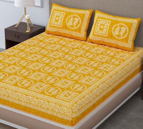 SheetKart - Glitz 144 TC 100% Cotton Double Bedsheet with 2 Pillow Covers, Wispy Yellow