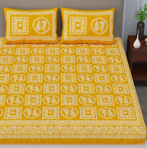 SheetKart - Glitz 144 TC 100% Cotton Double Bedsheet with 2 Pillow Covers, Wispy Yellow