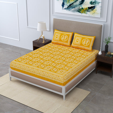 SheetKart - Glitz 144 TC 100% Cotton Double Bedsheet with 2 Pillow Covers, Wispy Yellow