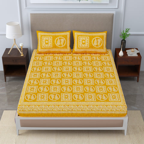 SheetKart - Glitz 144 TC 100% Cotton Double Bedsheet with 2 Pillow Covers, Wispy Yellow