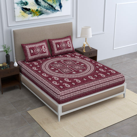 SheetKart Willow 144 TC 100% Cotton Double Bedsheet with 2 Pillow Covers, Bavarian Choco, Floral
