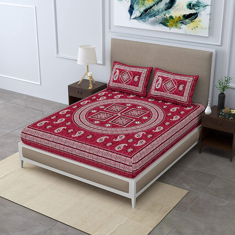 SheetKart Willow 144 TC 100% Cotton Double Bedsheet with 2 Pillow Covers, Floral, Burgundy