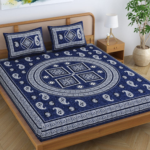 SheetKart Cotton Willow Floral Motif Printed Jaipuri Bedsheet for Double Bed King Size with 2 Pillow Covers - Navy Blue